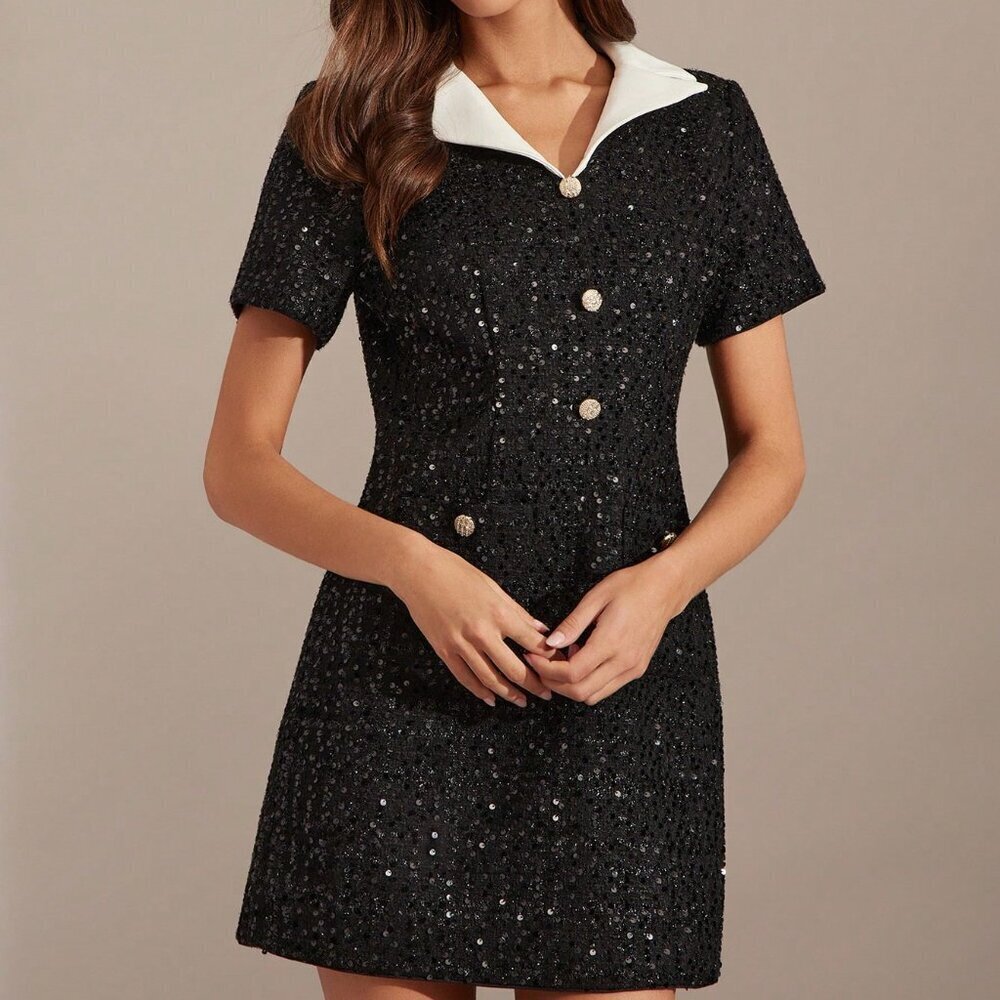 Black Elegant Women's Romantic Lapel Neck Sequin Short Dress - Picture 7 of 7